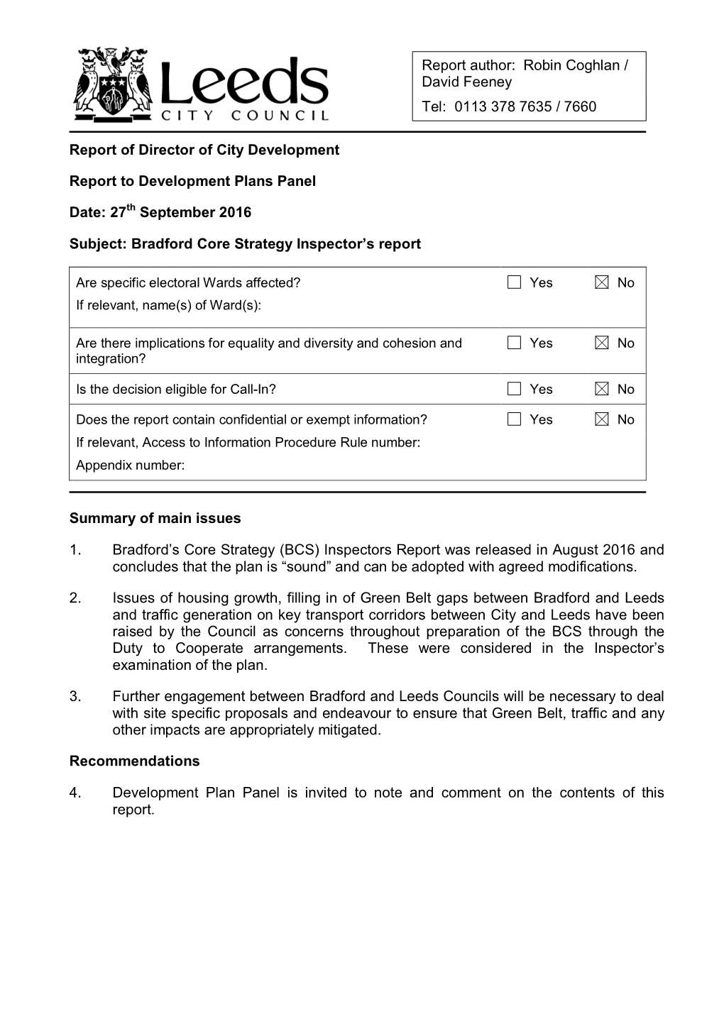 Bradford Core Strategy Inspector's Report