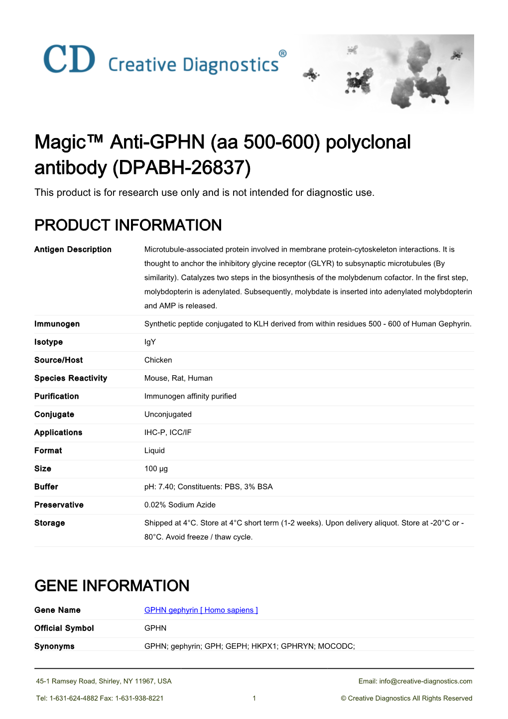 Magic™ Anti-GPHN (Aa 500-600) Polyclonal Antibody (DPABH-26837) This Product Is for Research Use Only and Is Not Intended for Diagnostic Use