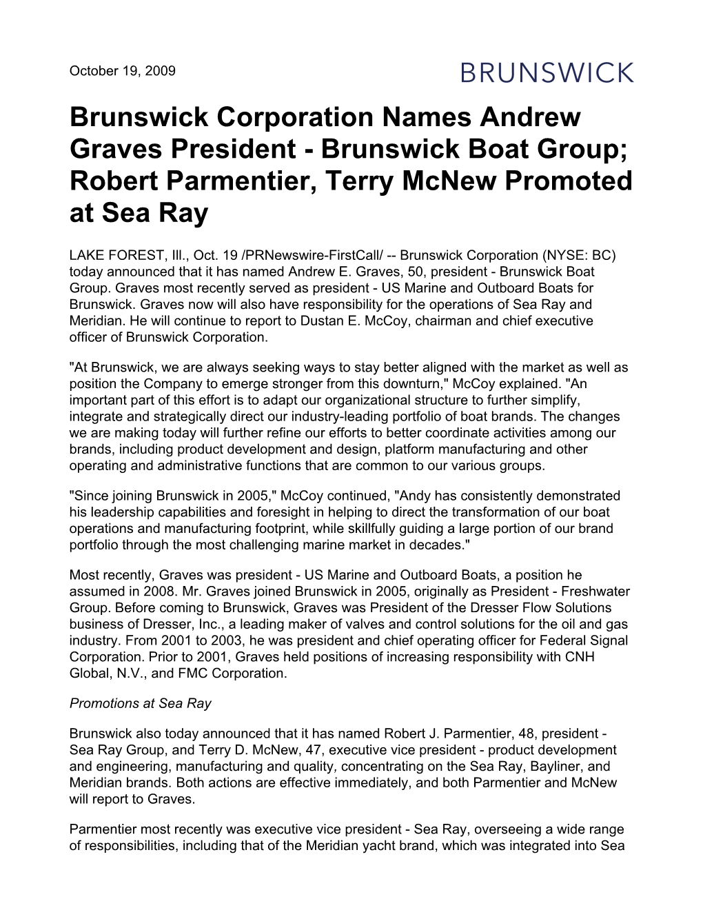 Brunswick Corporation Names Andrew Graves President - Brunswick Boat Group; Robert Parmentier, Terry Mcnew Promoted at Sea Ray