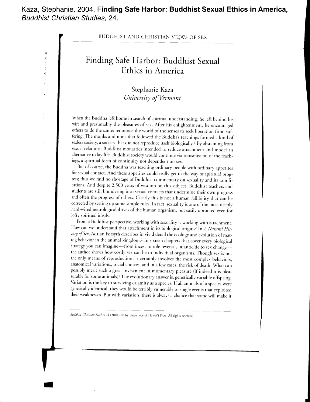 Finding Safe Harbor: Buddhist Sexual Ethics in America, Buddhist Christian Studies, 24