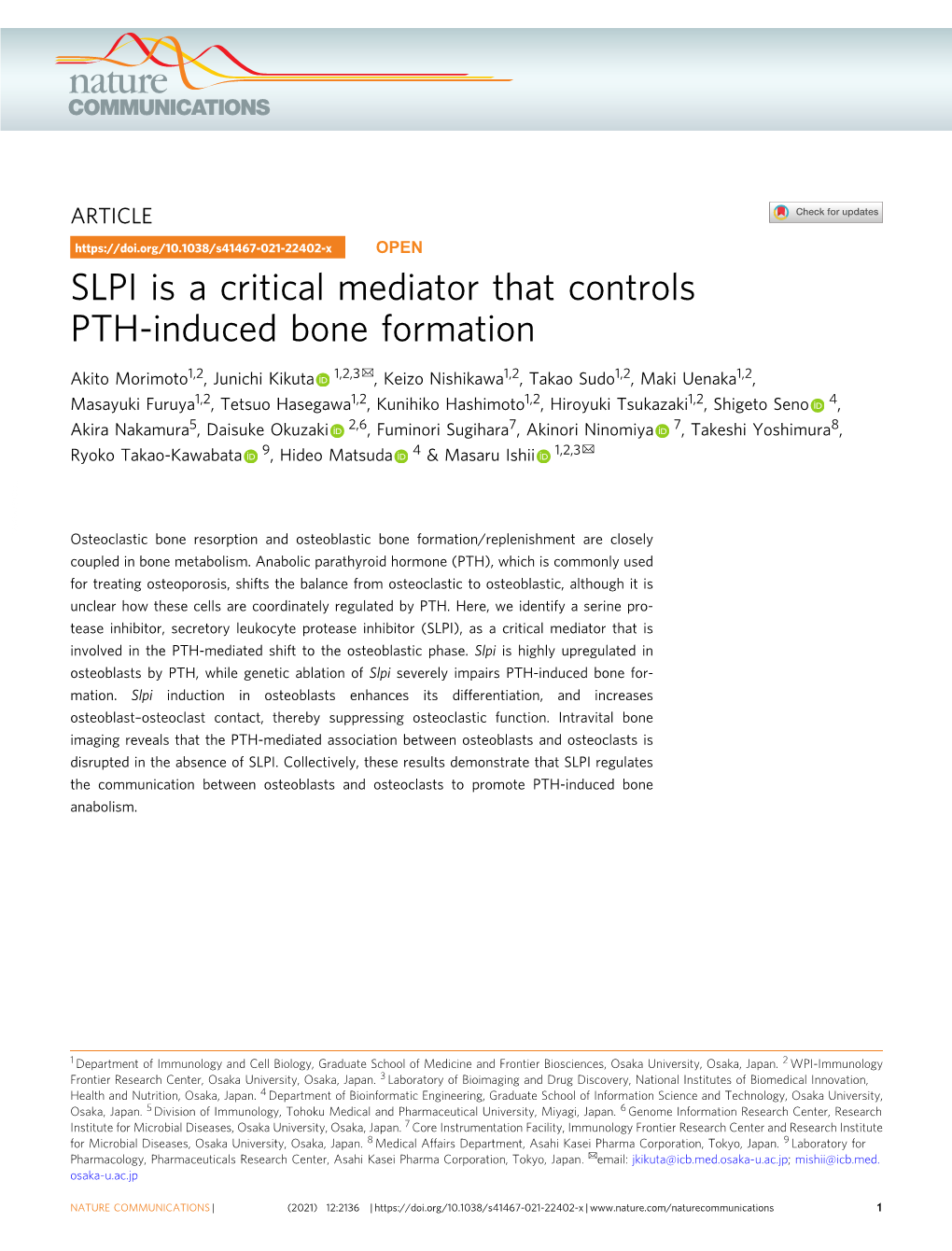 SLPI Is a Critical Mediator That Controls PTH-Induced Bone Formation