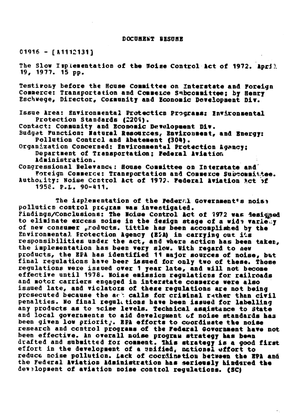 The Slow Implementation of the Noise Control Act of 1972