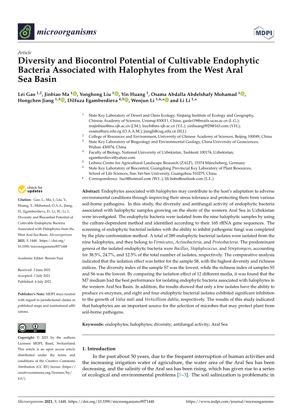 Diversity and Biocontrol Potential of Cultivable Endophytic Bacteria Associated with Halophytes from the West Aral Sea Basin