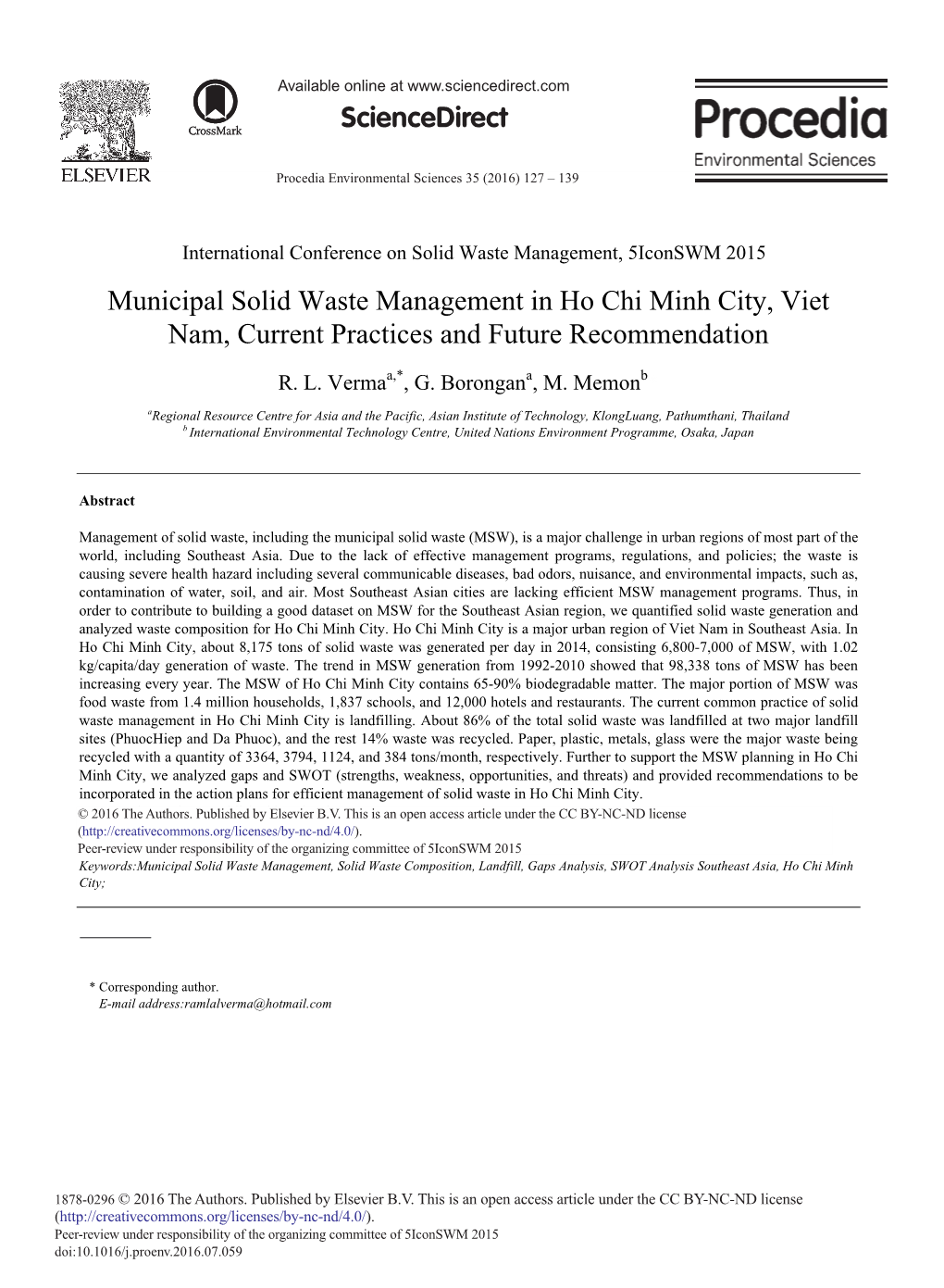 Municipal Solid Waste Management in Ho Chi Minh City, Viet Nam, Current Practices and Future Recommendation