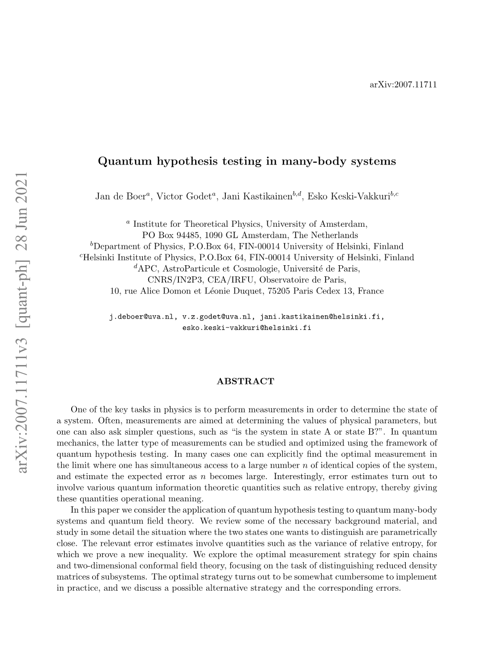 Arxiv:2007.11711V3 [Quant-Ph] 28 Jun 2021 and Estimate the Expected Error As N Becomes Large