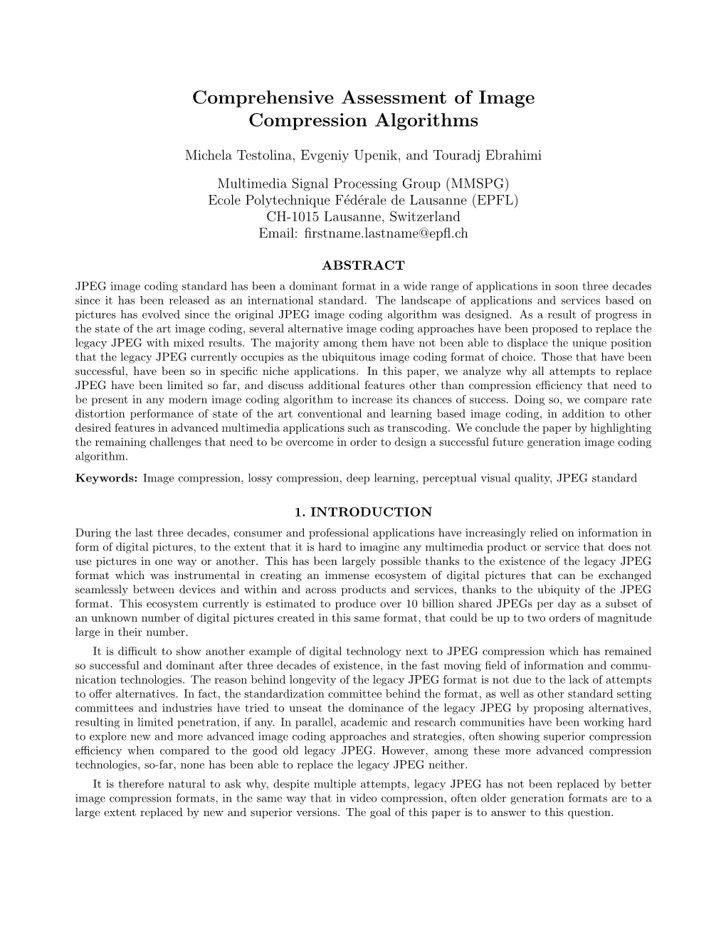 Comprehensive Assessment of Image Compression Algorithms