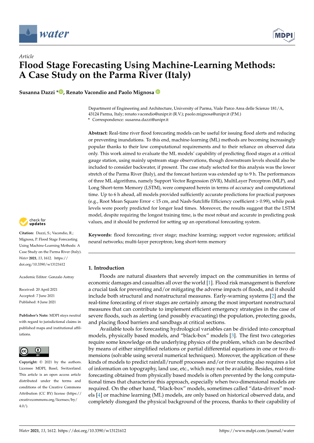 Flood Stage Forecasting Using Machine-Learning Methods: a Case Study on the Parma River (Italy)