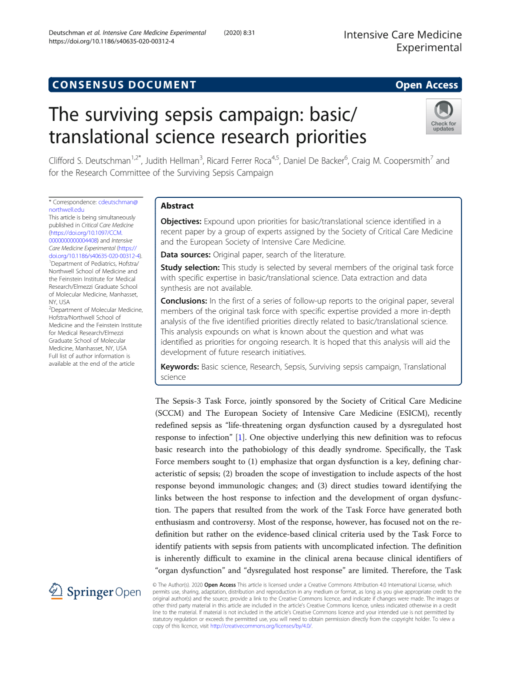 The Surviving Sepsis Campaign: Basic/ Translational Science Research Priorities Clifford S