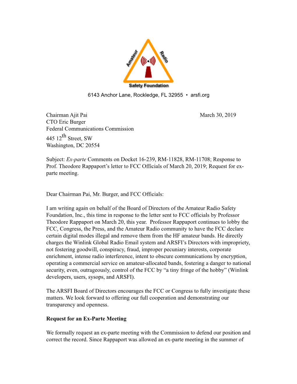 Chairman Ajit Pai March 30, 2019 CTO Eric Burger Federal Communications Commission 445 12Th Street, SW Washington, DC 20554