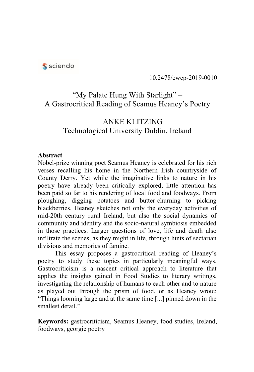 A Gastrocritical Reading of Seamus Heaney's Poetry ANKE KLITZING Technological University Dublin, Ireland