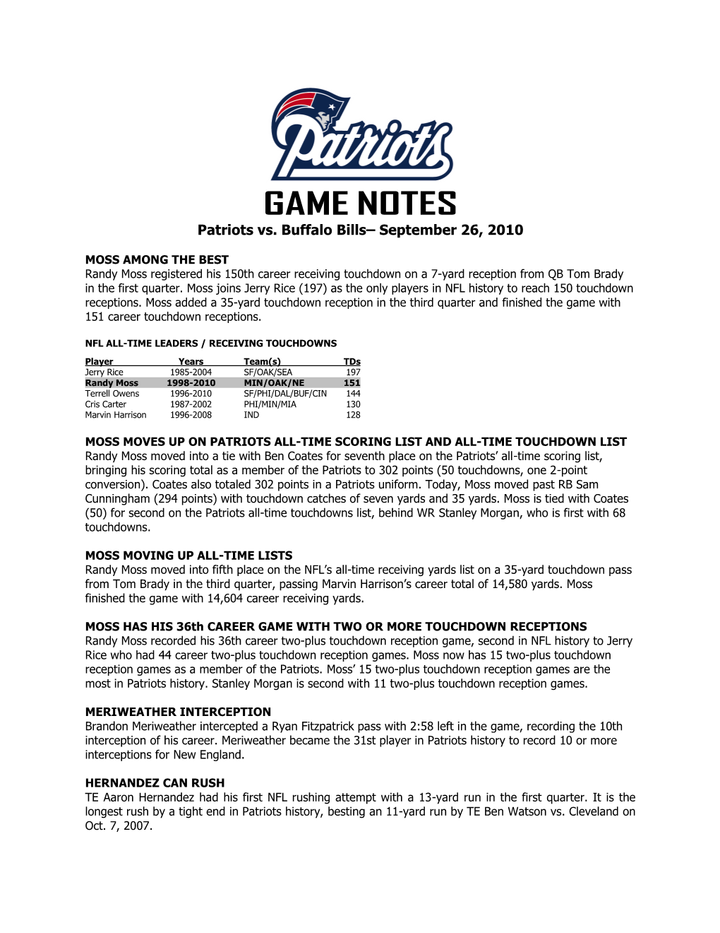 GAME NOTES Patriots Vs