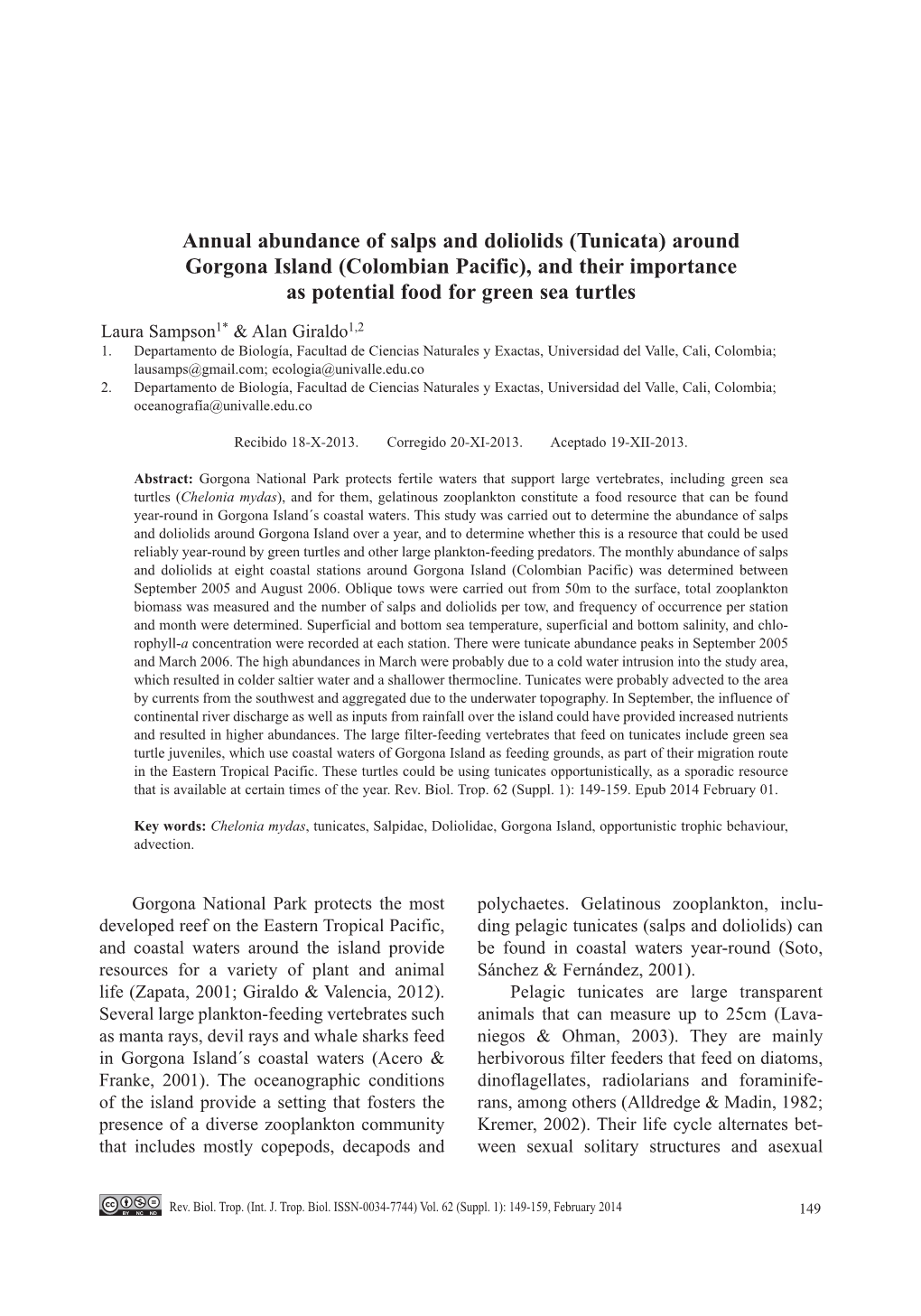 Annual Abundance of Salps and Doliolids (Tunicata) Around Gorgona Island (Colombian Pacific), and Their Importance As Potential Food for Green Sea Turtles