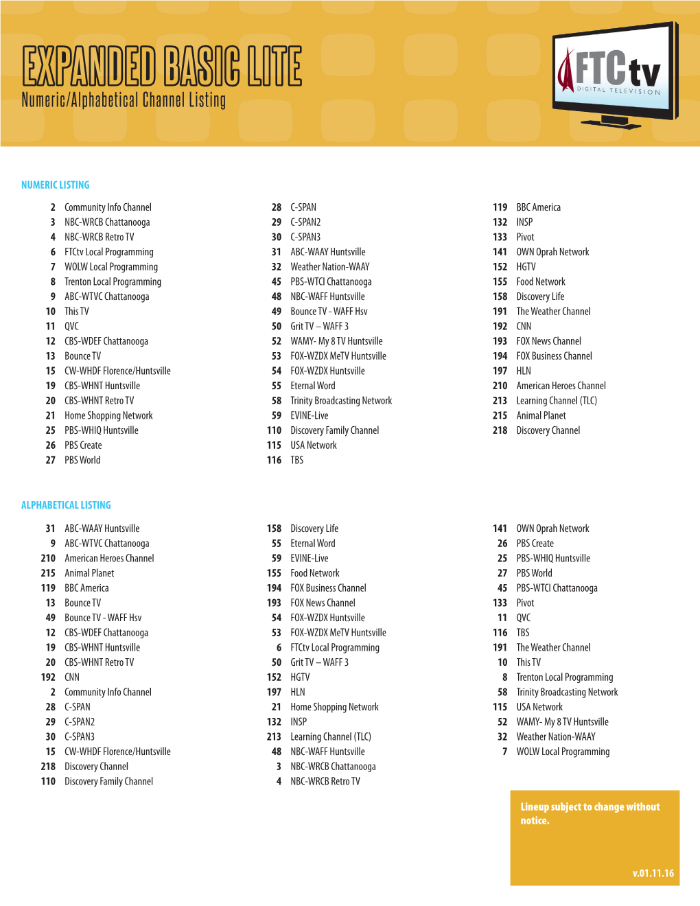 EXPANDED BASIC LITE Numeric/Alphabetical Channel Listing