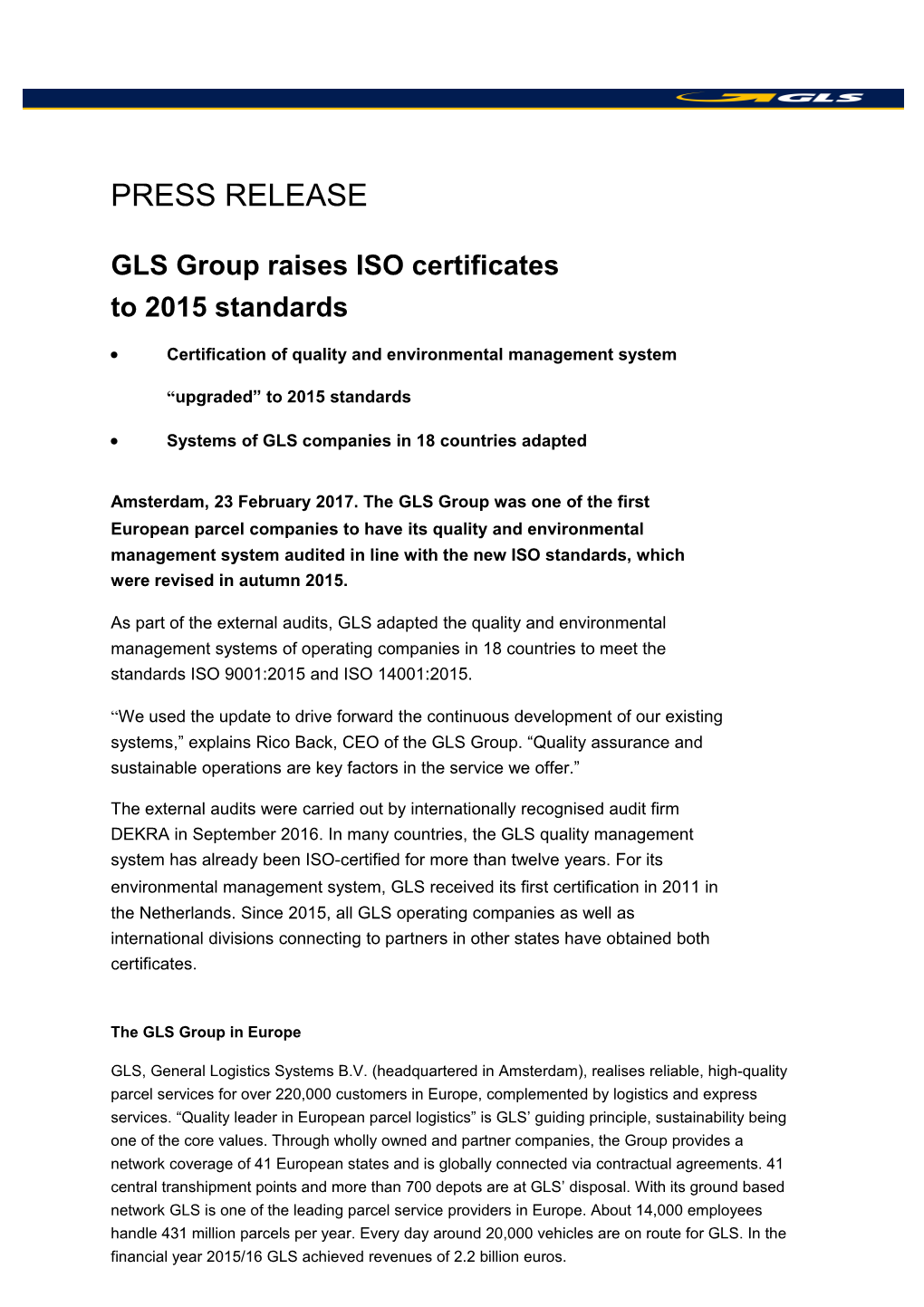 GLS Group Raises ISO Certificates to 2015 Standards