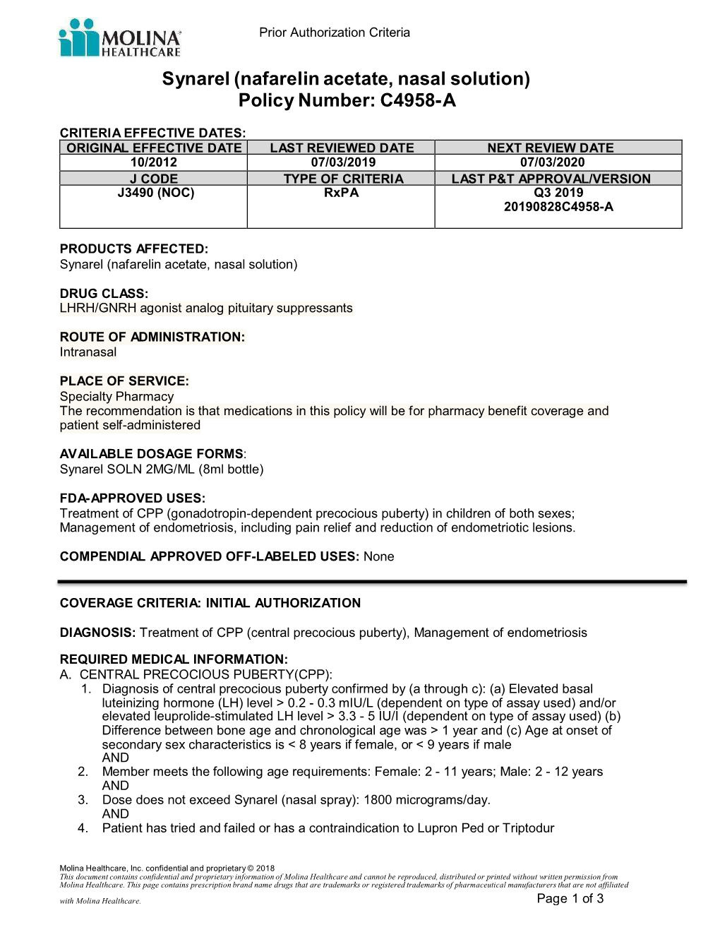 Synarel (Nafarelin Acetate, Nasal Solution) Policy Number: C4958-A