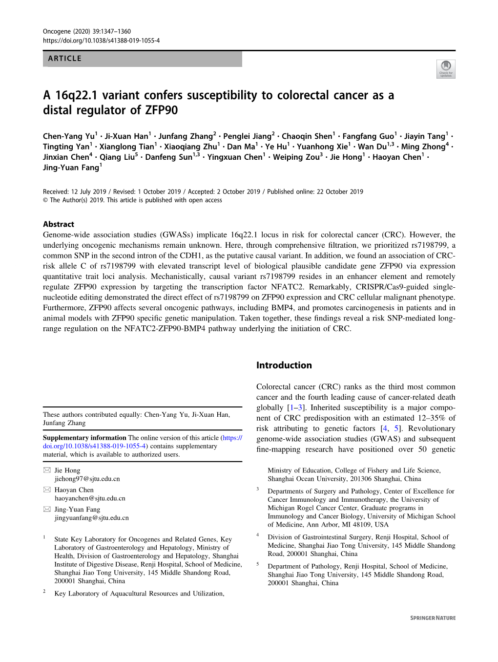 A 16Q22.1 Variant Confers Susceptibility to Colorectal Cancer As a Distal Regulator of ZFP90