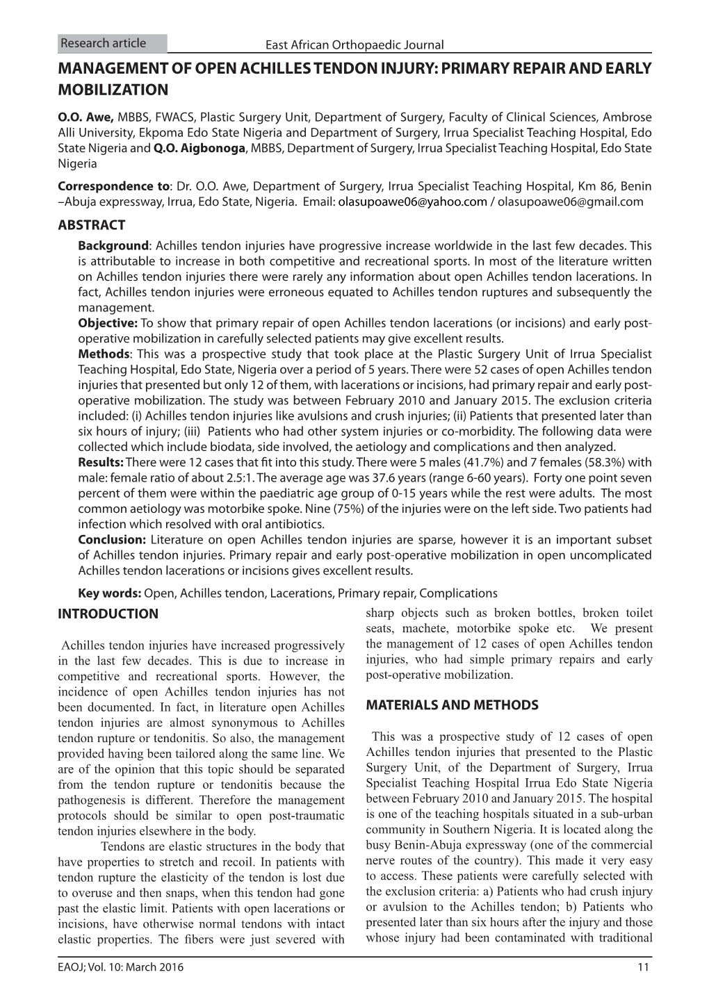 Management of Open Achilles Tendon Injury: Primary Repair and Early Mobilization O.O