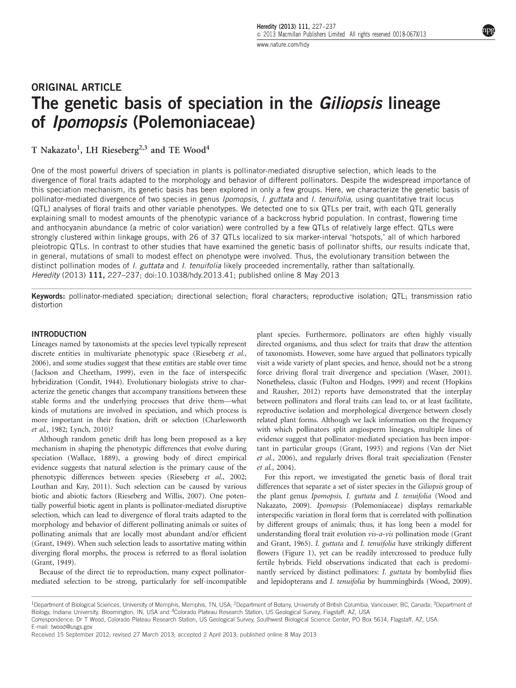 The Genetic Basis of Speciation in the Giliopsis Lineage of Ipomopsis (Polemoniaceae)