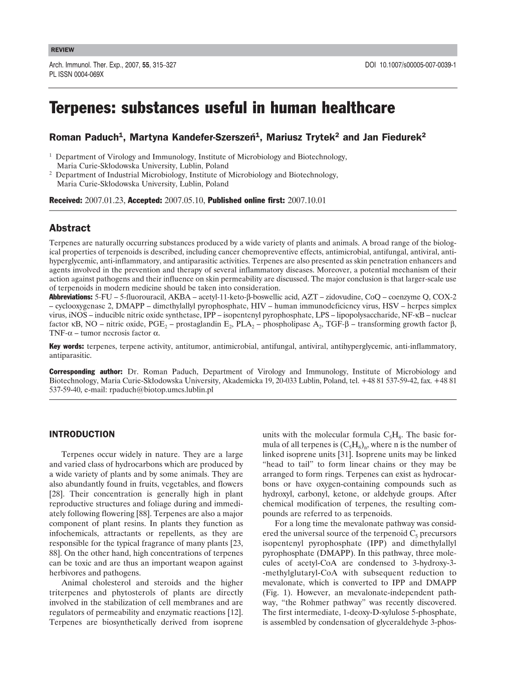 Terpenes: Substances Useful in Human Healthcare