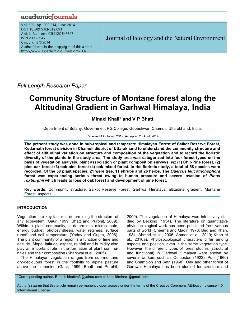 Community Structure of Montane Forest Along the Altitudinal Gradient in Garhwal Himalaya, India