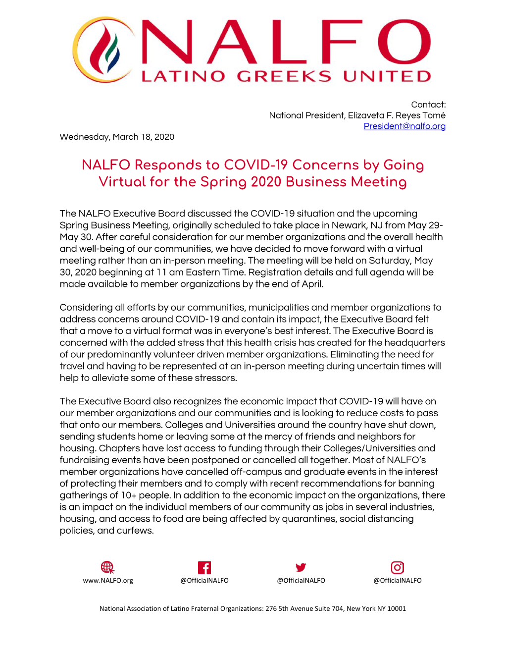 NALFO Response to Covid-19