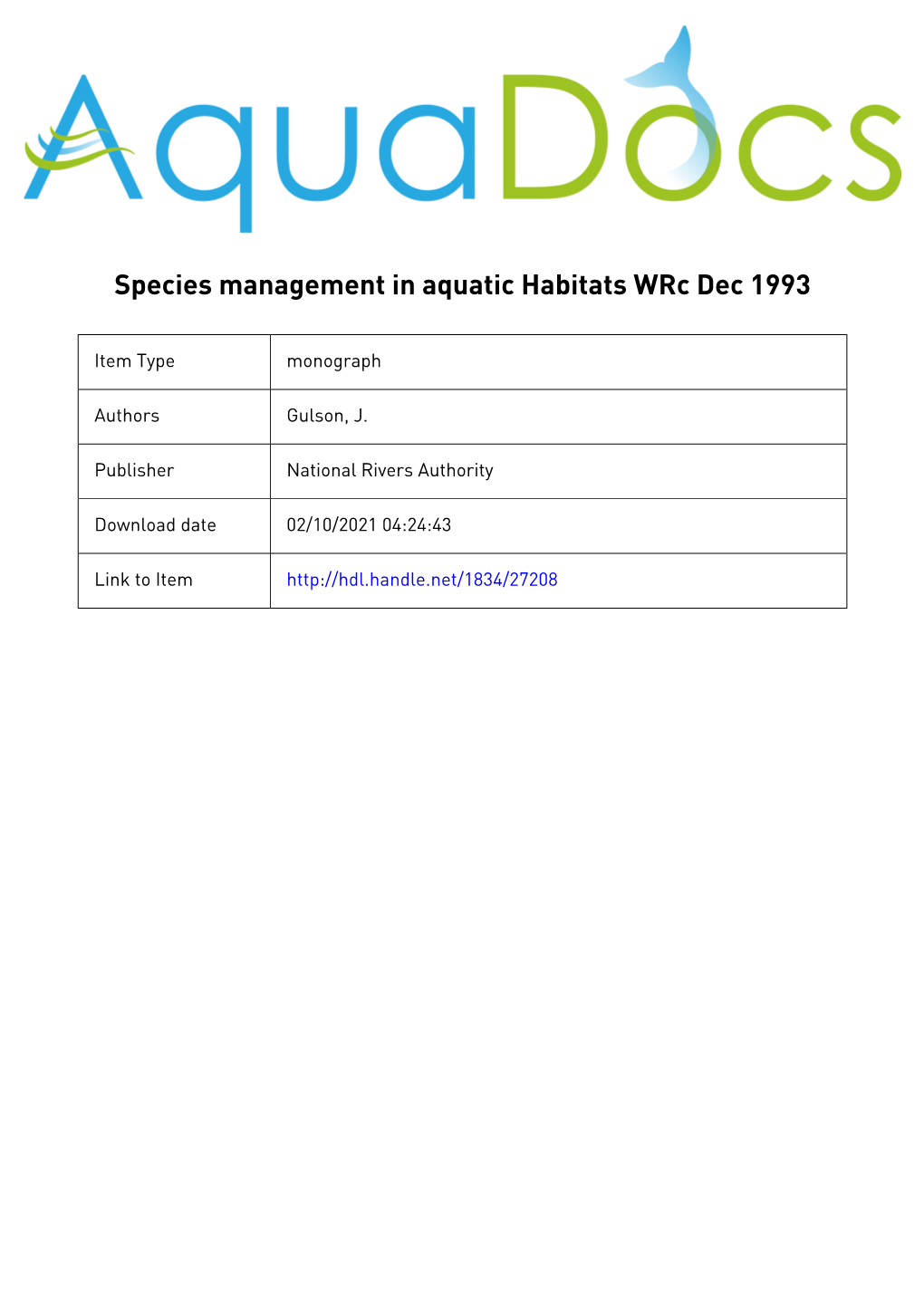 Draft R&D Note R&D Project 461 Species Management in Aquatic