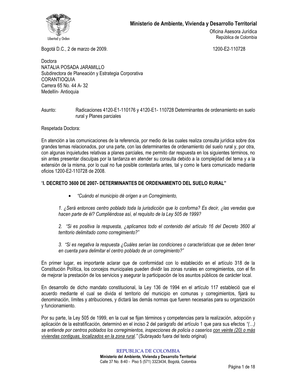 Ministerio De Ambiente, Vivienda Y Desarrollo Territorial Oficina Asesora Jurídica República De Colombia
