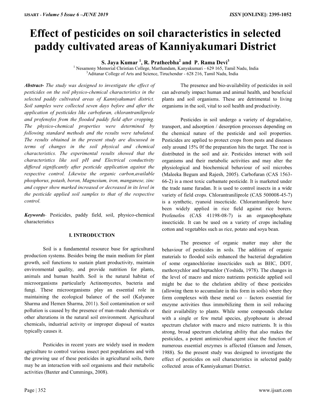 Effect of Pesticides on Soil Characteristics in Selected Paddy Cultivated Areas of Kanniyakumari District