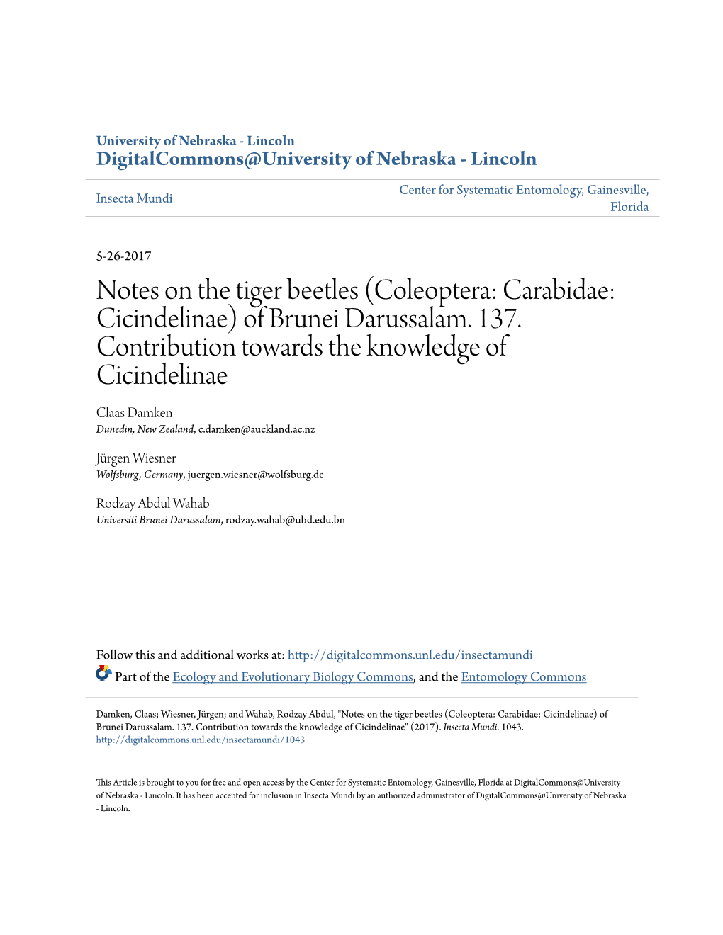 Notes on the Tiger Beetles (Coleoptera: Carabidae: Cicindelinae) of Brunei Darussalam