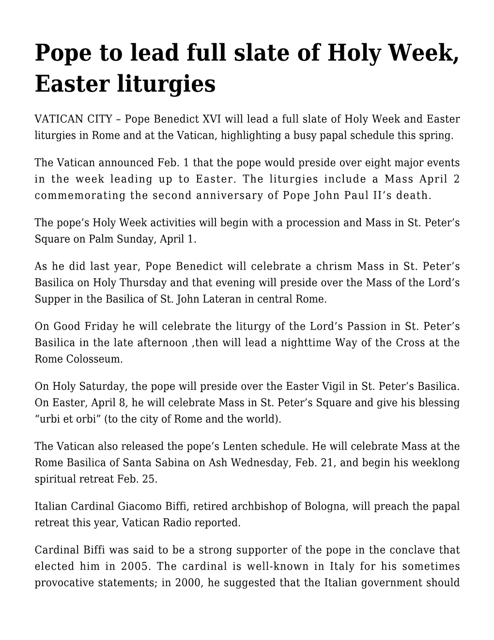 Pope to Lead Full Slate of Holy Week, Easter Liturgies