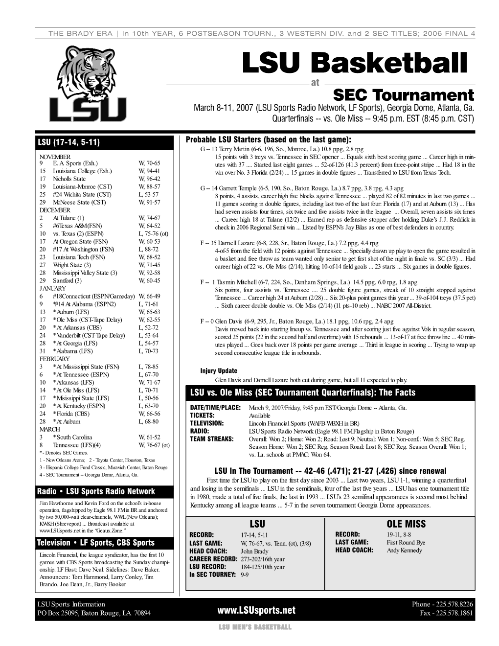 LSU Basketball at SEC Tournament March 8-11, 2007 (LSU Sports Radio Network, LF Sports), Georgia Dome, Atlanta, Ga