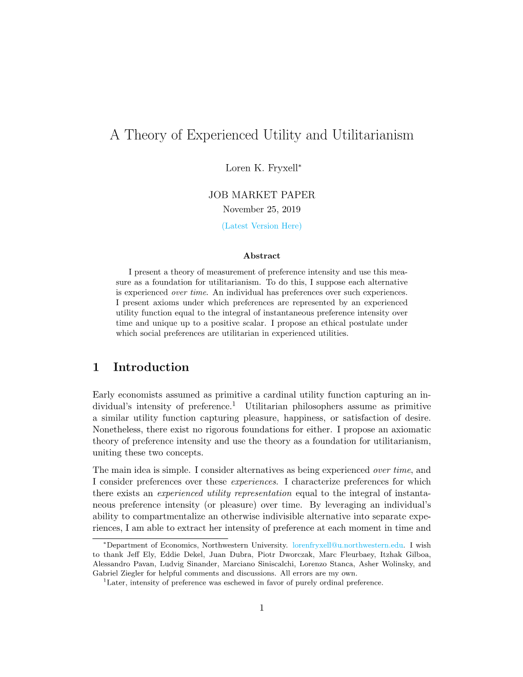 A Theory of Experienced Utility and Utilitarianism