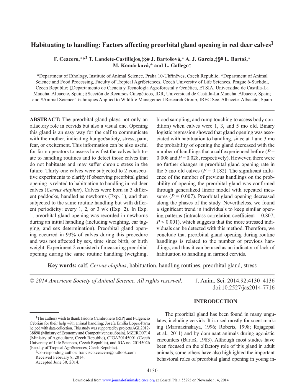 Factors Affecting Preorbital Gland Opening in Red Deer Calves1