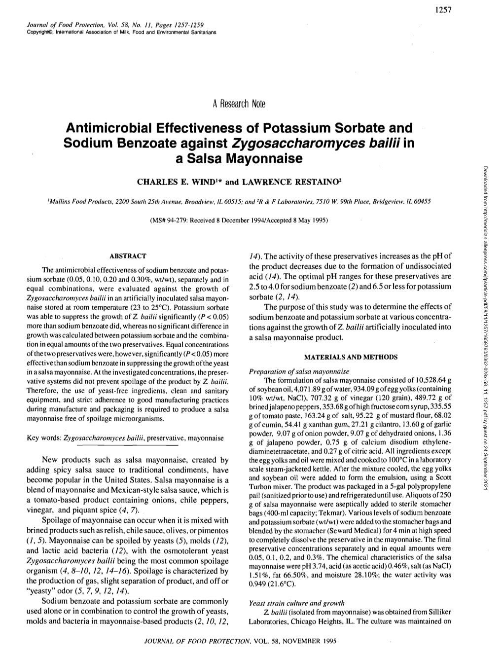 Antimicrobial Effectiveness of Potassium Sorbate and Sodium Benzoate Against Zygosaccharomyces Bailii In