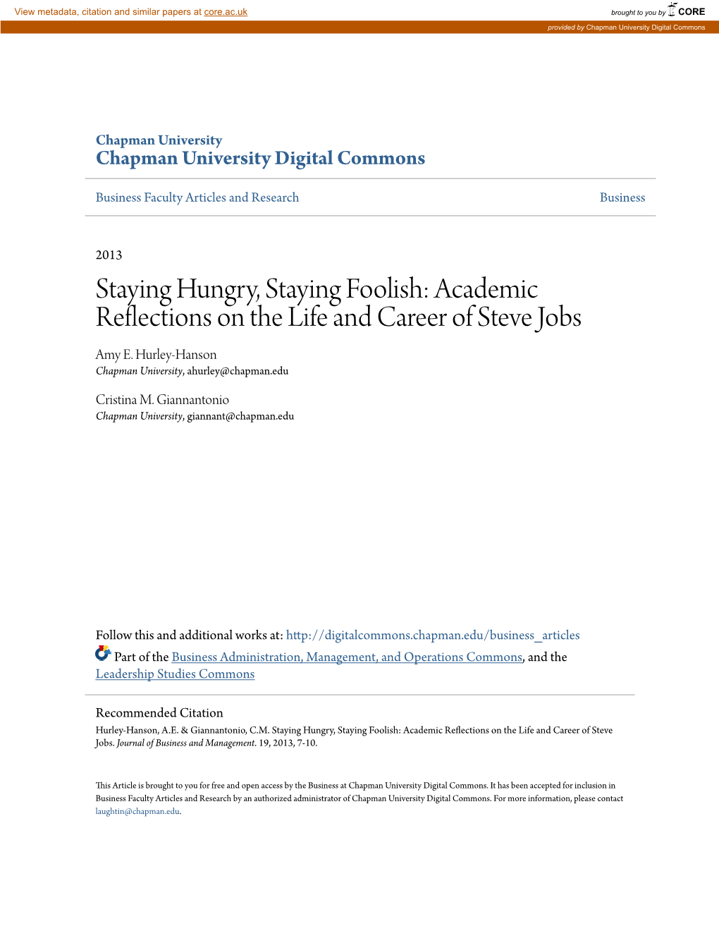 Staying Hungry, Staying Foolish: Academic Reflections on the Life and Career of Steve Jobs Amy E