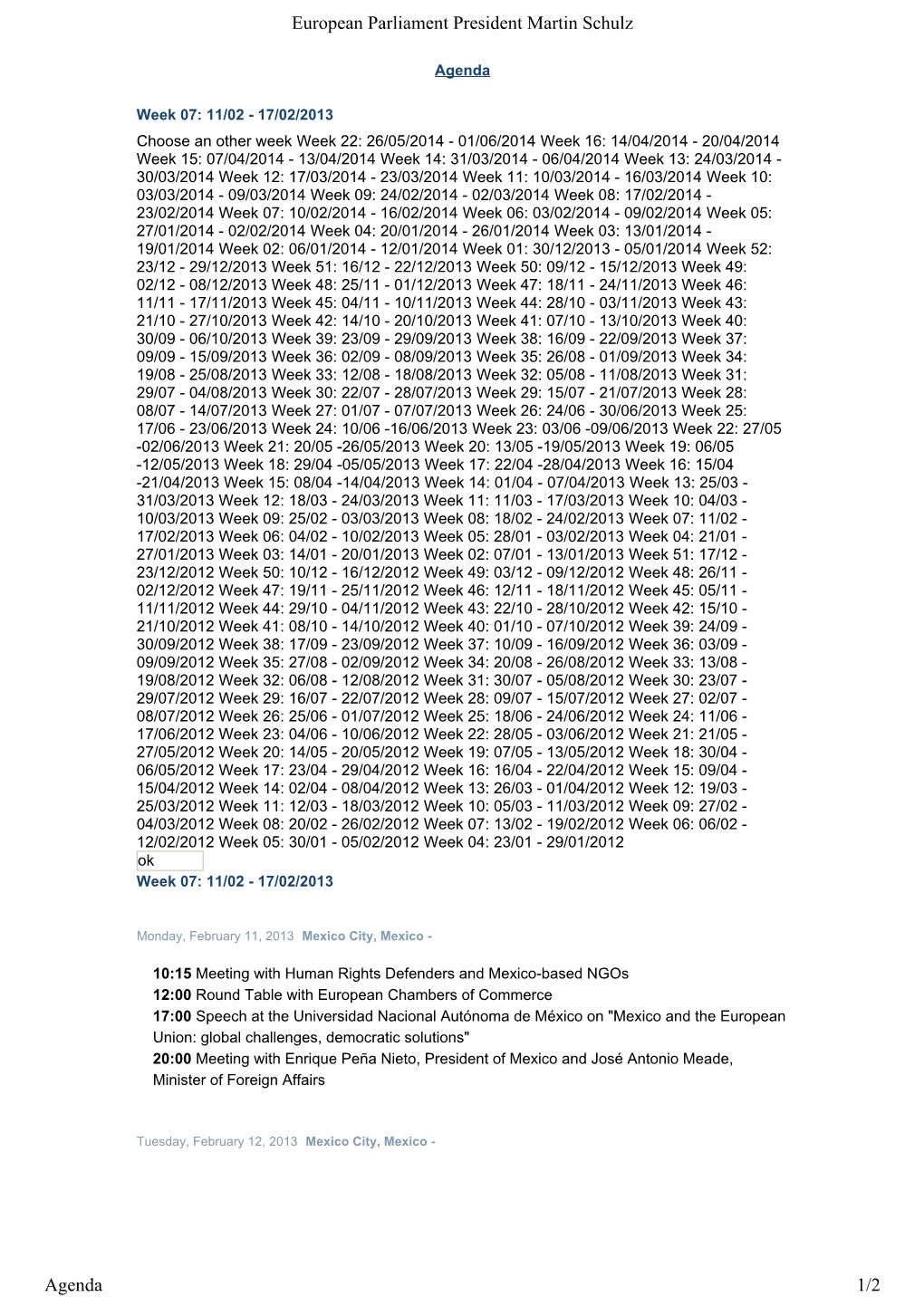 European Parliament President Martin Schulz Agenda