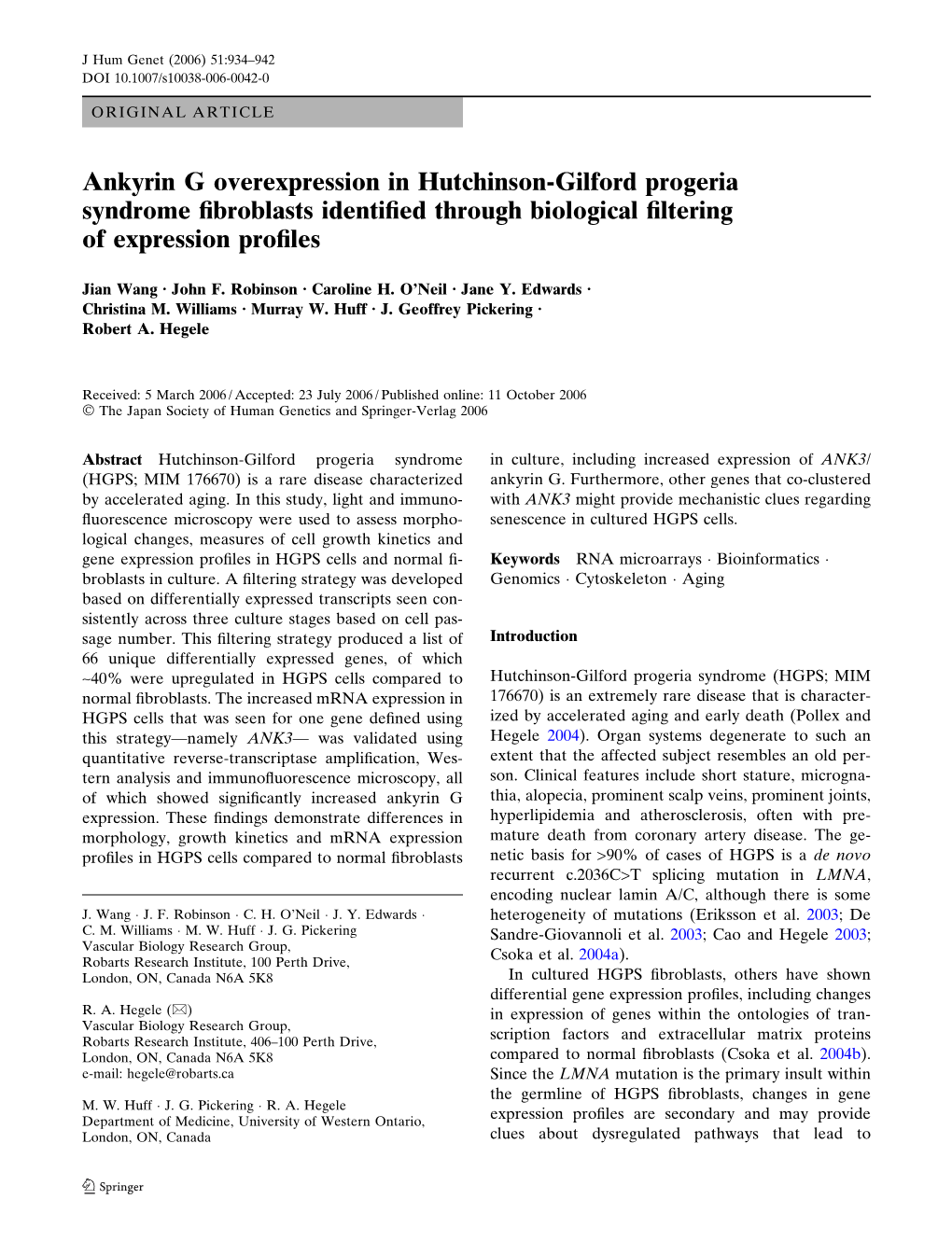 Ankyrin G Overexpression in Hutchinson-Gilford Progeria Syndrome ﬁbroblasts Identiﬁed Through Biological ﬁltering of Expression Proﬁles