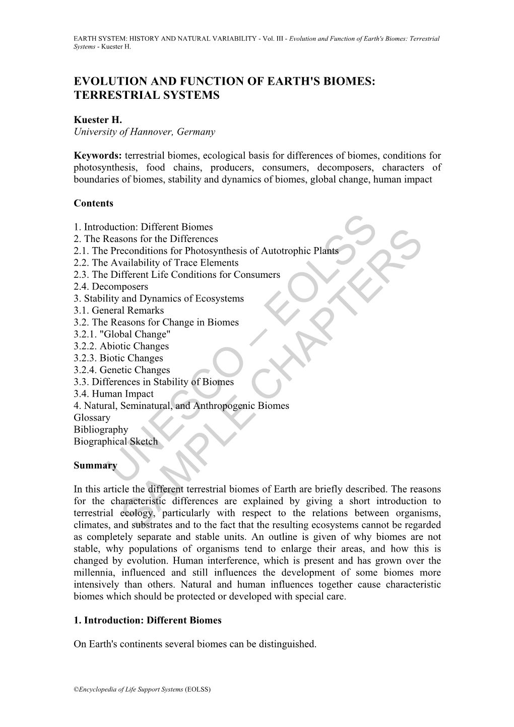 Evolution and Function of Earth's Biomes: Terrestrial Systems - Kuester H