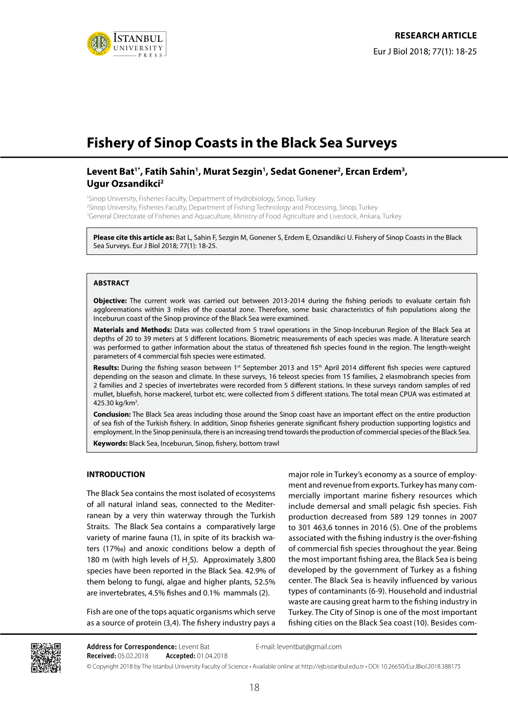 Fishery of Sinop Coasts in the Black Sea Surveys