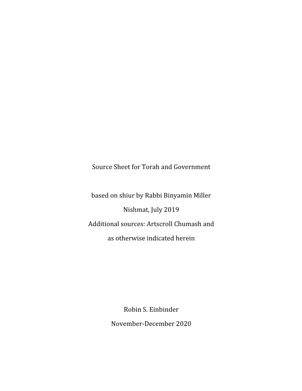 Source Sheet for Torah and Government Based on Shiur By