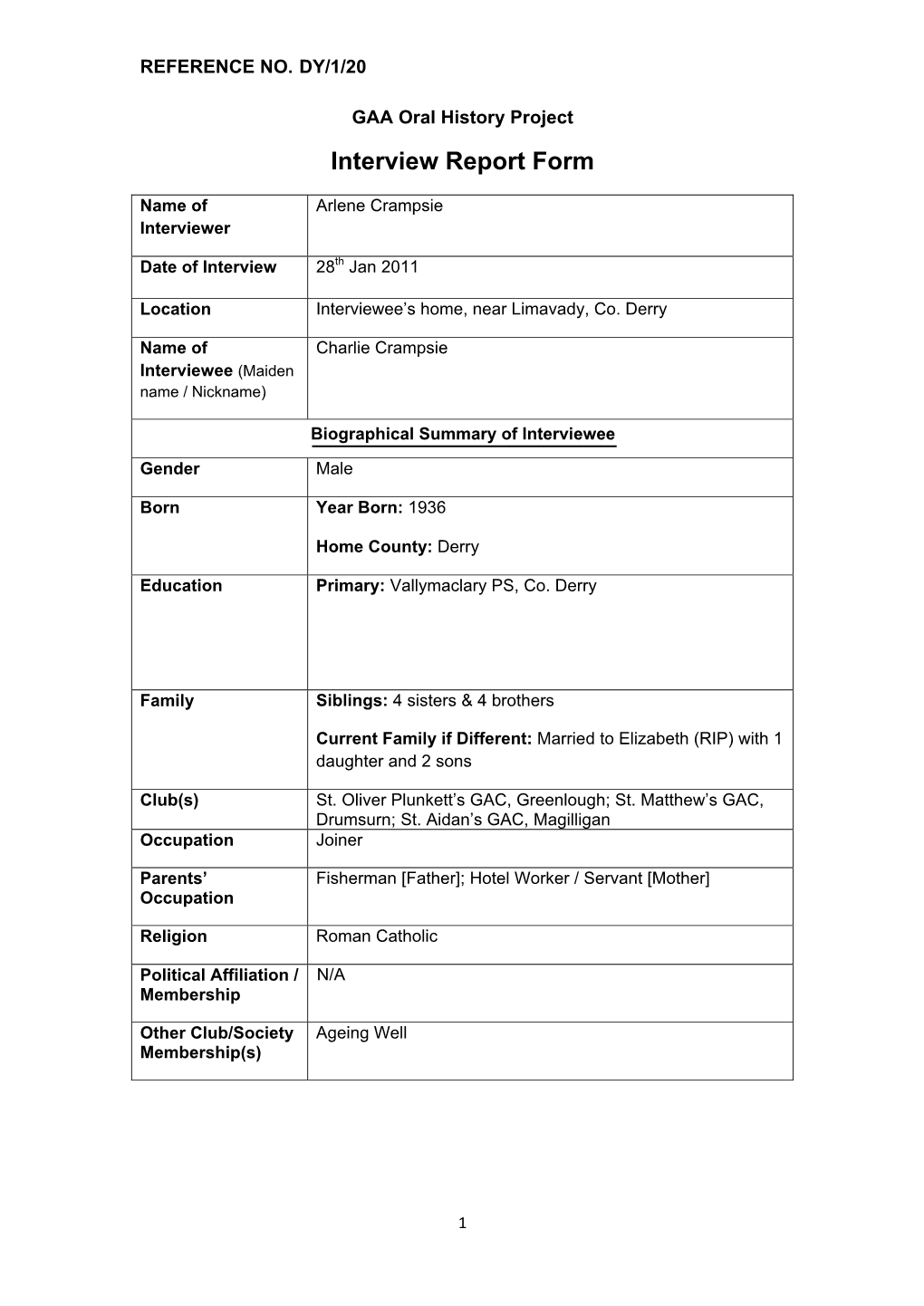 GAA Oral History Project Interview Report Form