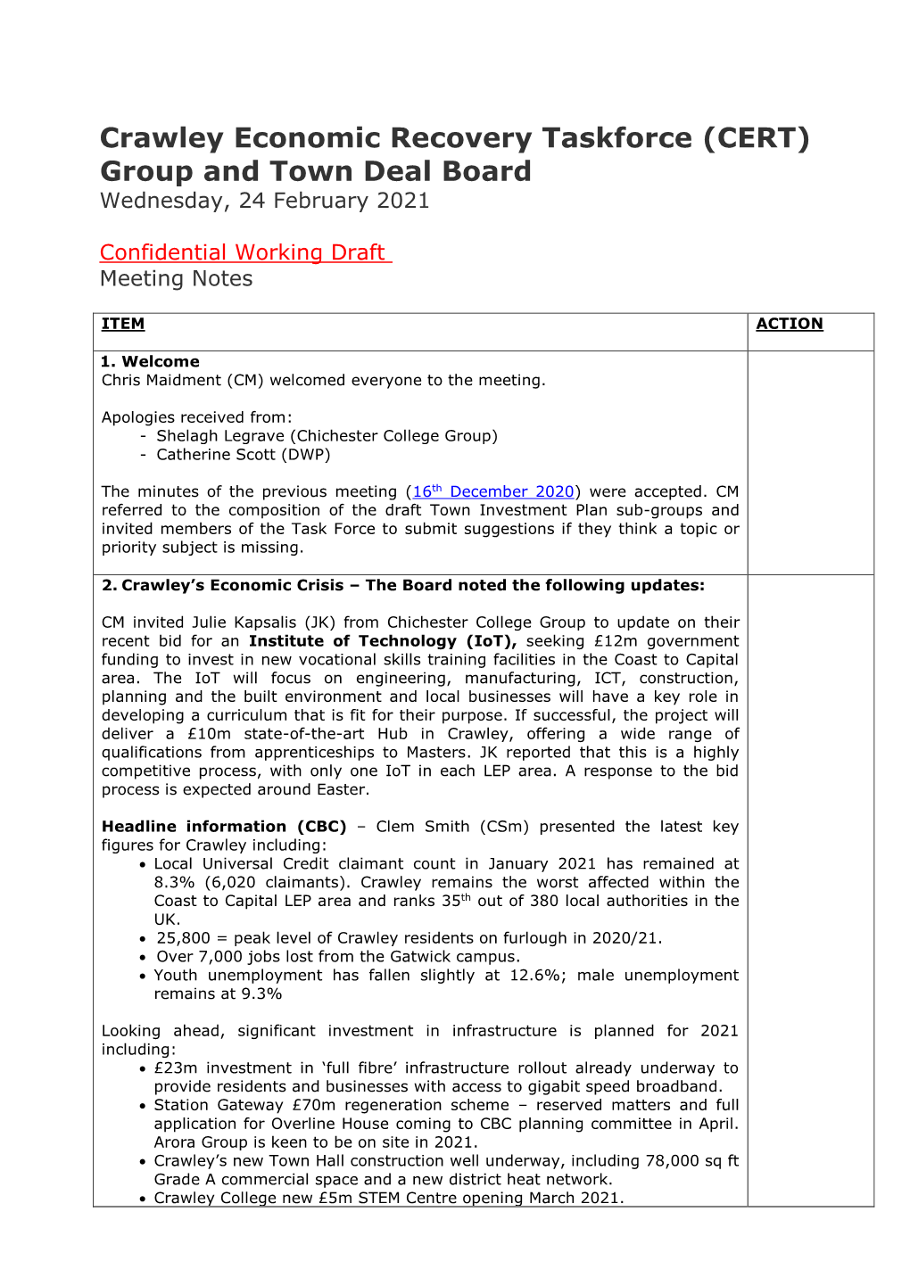 CERT Town Deal Board 24 February 2021 Minutes