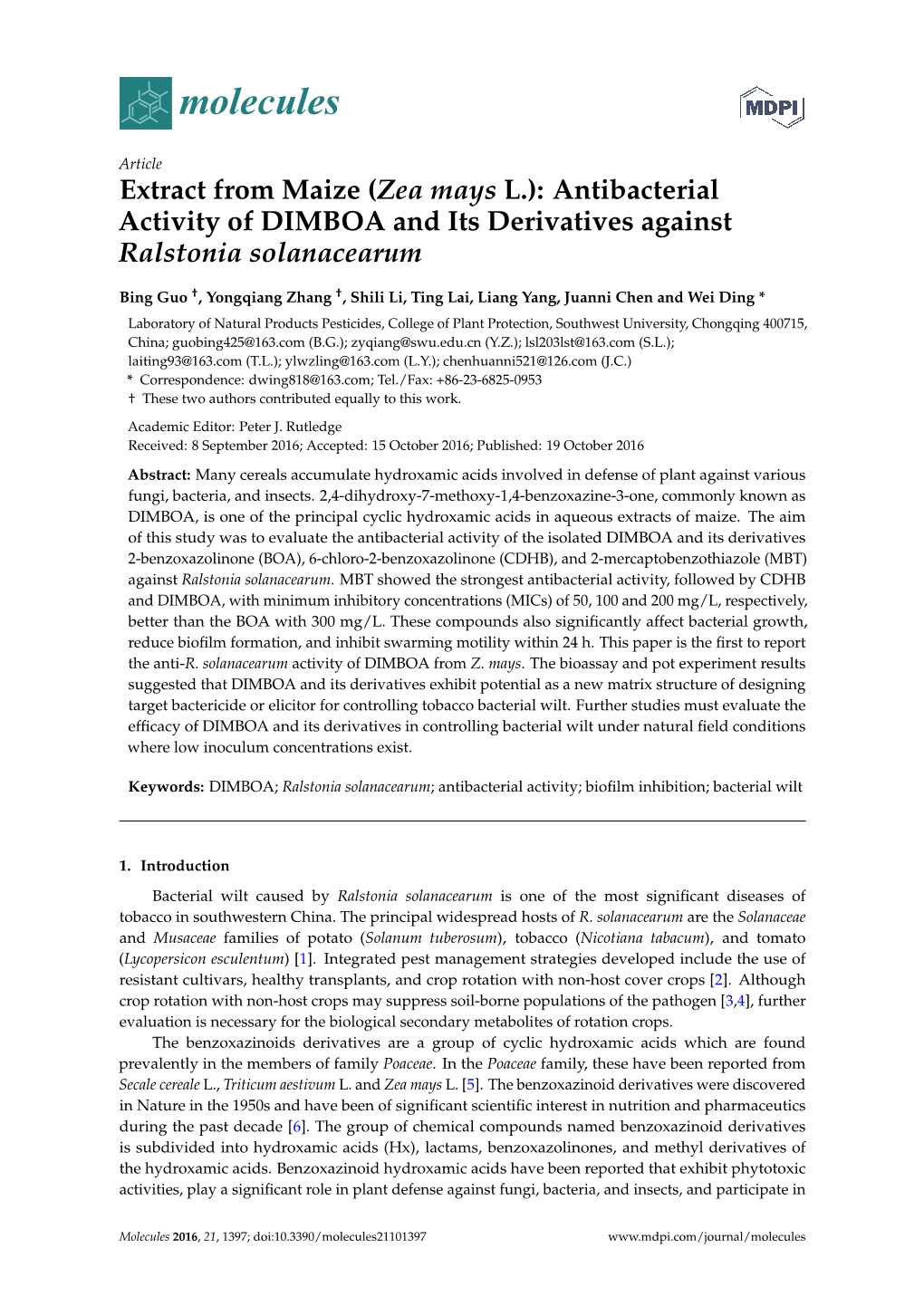 Extract from Maize (Zea Mays L.): Antibacterial Activity of DIMBOA and Its Derivatives Against Ralstonia Solanacearum