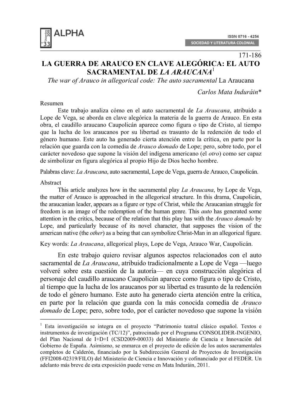 La Guerra De Arauco En Clave Alegórica: El Auto