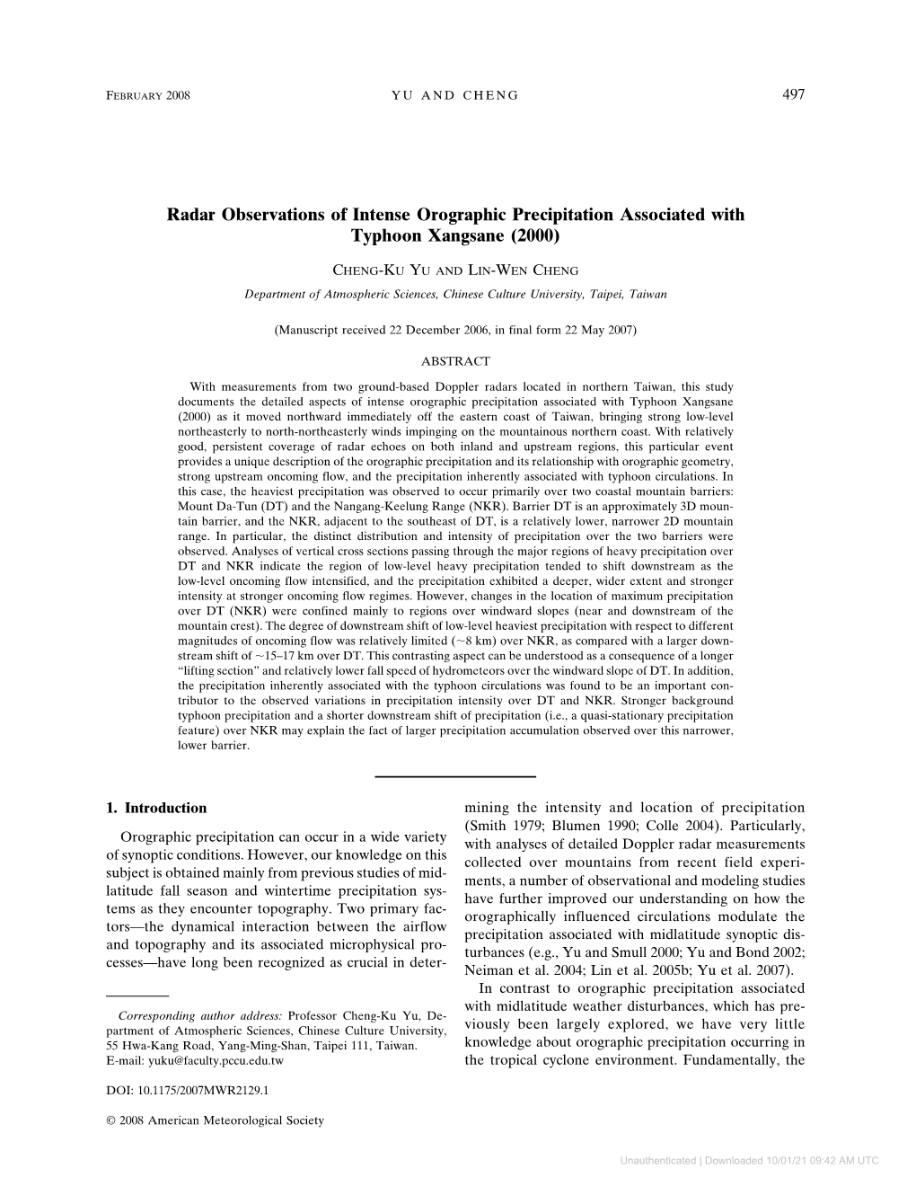 Radar Observations of Intense Orographic Precipitation Associated with Typhoon Xangsane (2000)