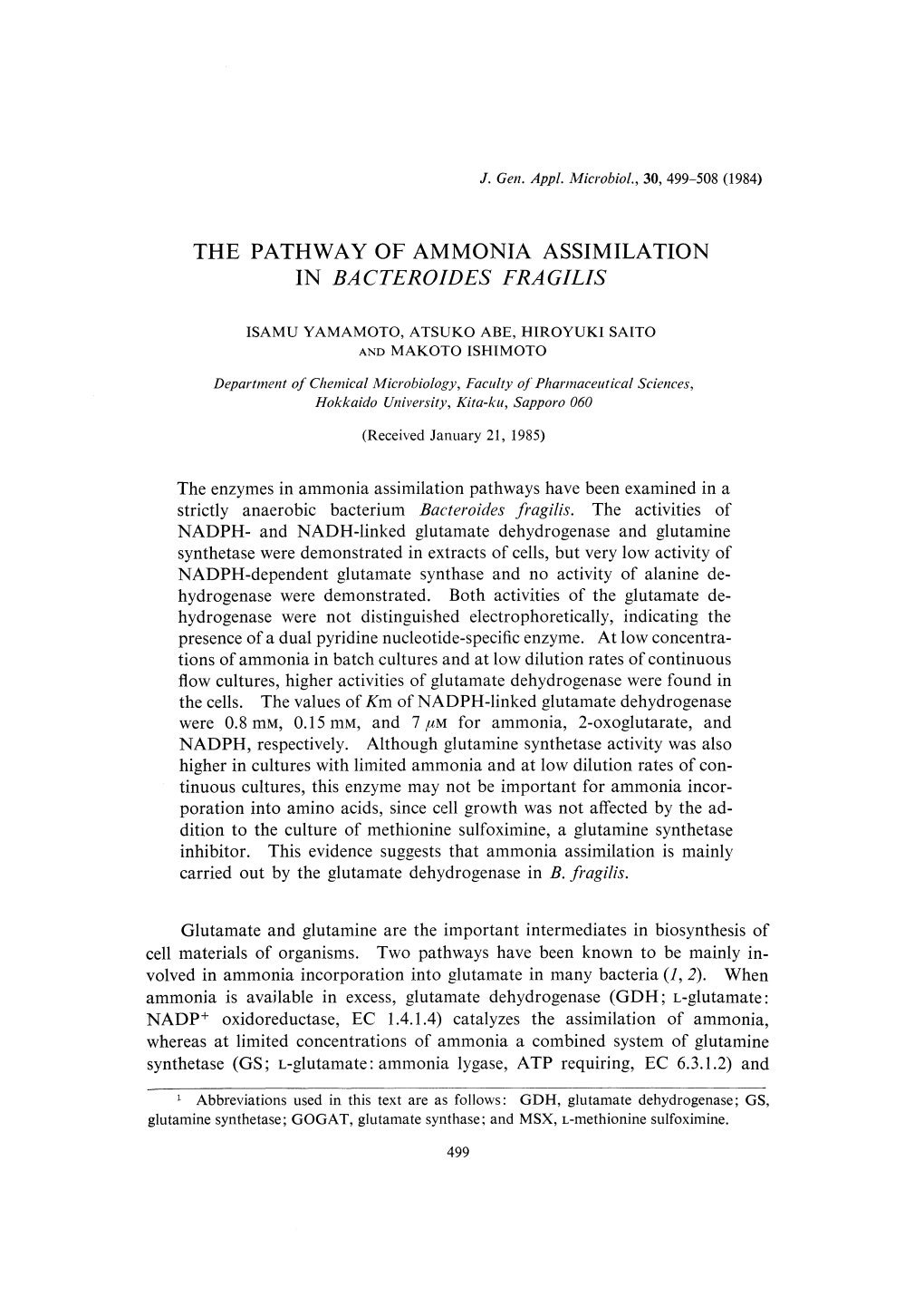 The Enzymes in Ammonia Assimilation Pathways Have Been Examined in a Strictly Anaerobic Bacterium Bacteroides Fragilis