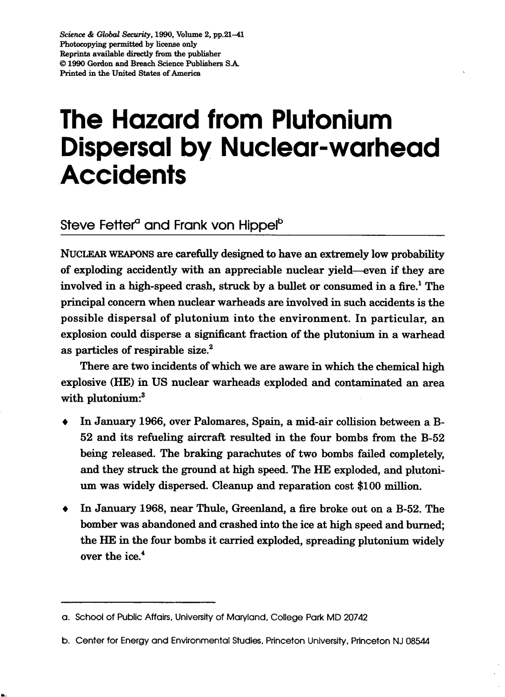 The Hazard from Plutonium Dispersal by Nuclear-Warhead Accidents