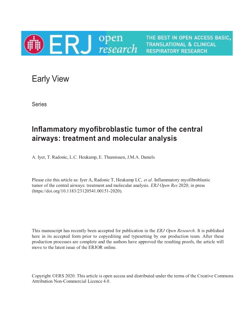 Inflammatory Myofibroblastic Tumor of the Central Airways: Treatment and Molecular Analysis