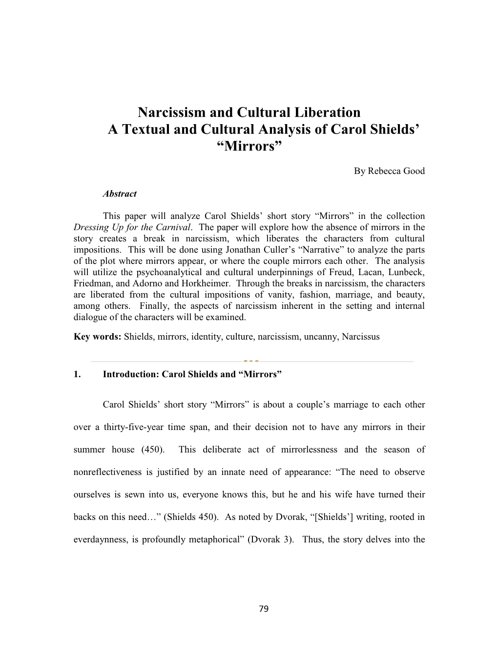 Narcissism and Cultural Liberation a Textual and Cultural Analysis of Carol Shields’ “Mirrors”