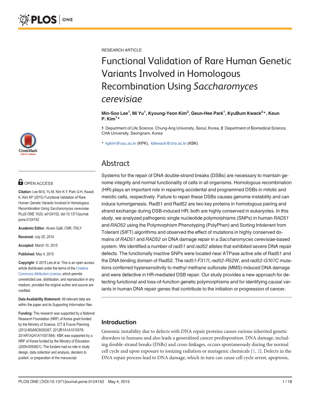 Functional Validation of Rare Human Genetic Variants Involved in Homologous Recombination Using Saccharomyces Cerevisiae